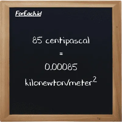 How to convert centipascal to kilonewton/meter<sup>2</sup>: 85 centipascal (cPa) is equivalent to 85 times 0.00001 kilonewton/meter<sup>2</sup> (kN/m<sup>2</sup>)